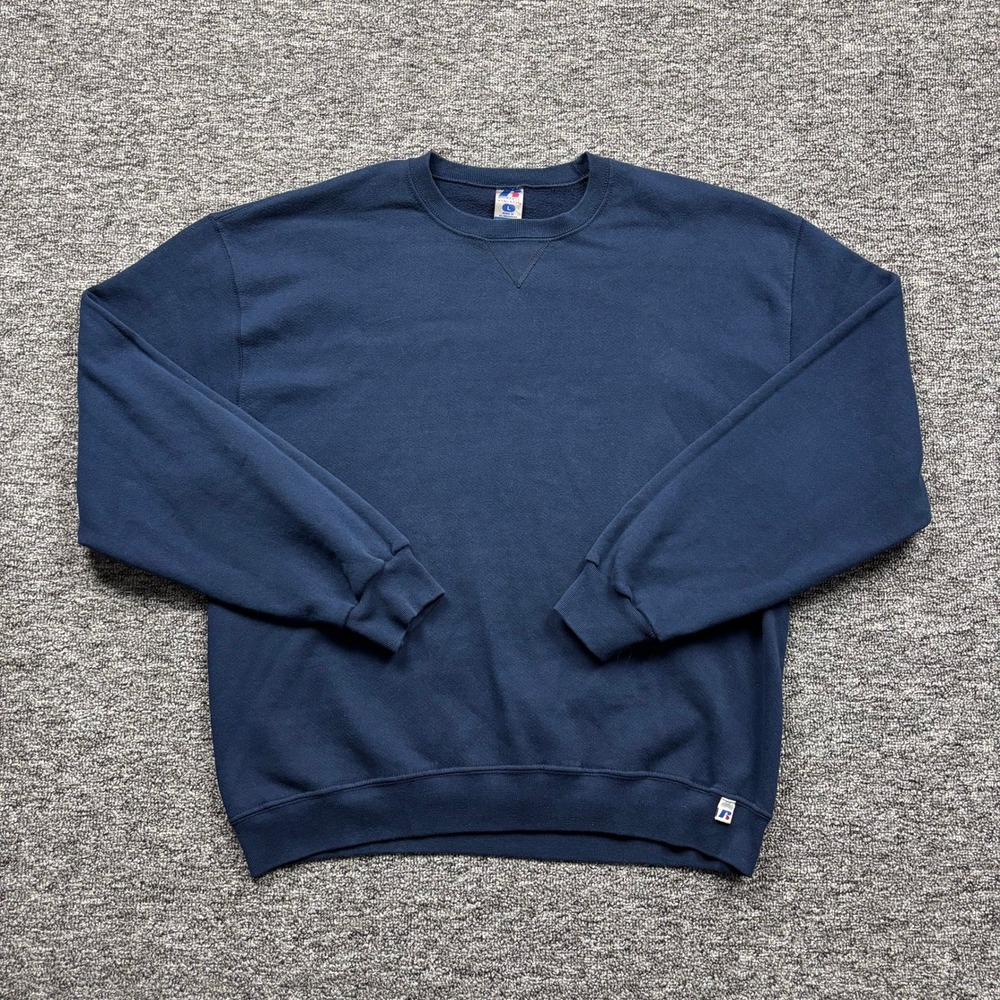 Y2K‎ Russell Athletic Minimalist Blank Sweatshirt Navy Blue Mens Large